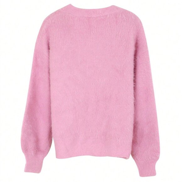 Casual Pink Women's Elegant Long Sleeve V Neck Cardigan with Wooden Button - Picture 4 of 7